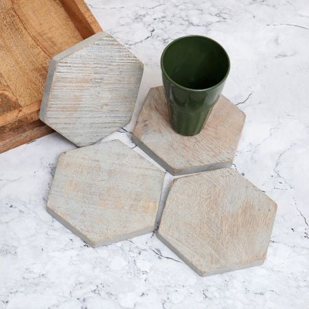 Vintage Finish Hexagon Wooden Tea Coasters - Pack of 4